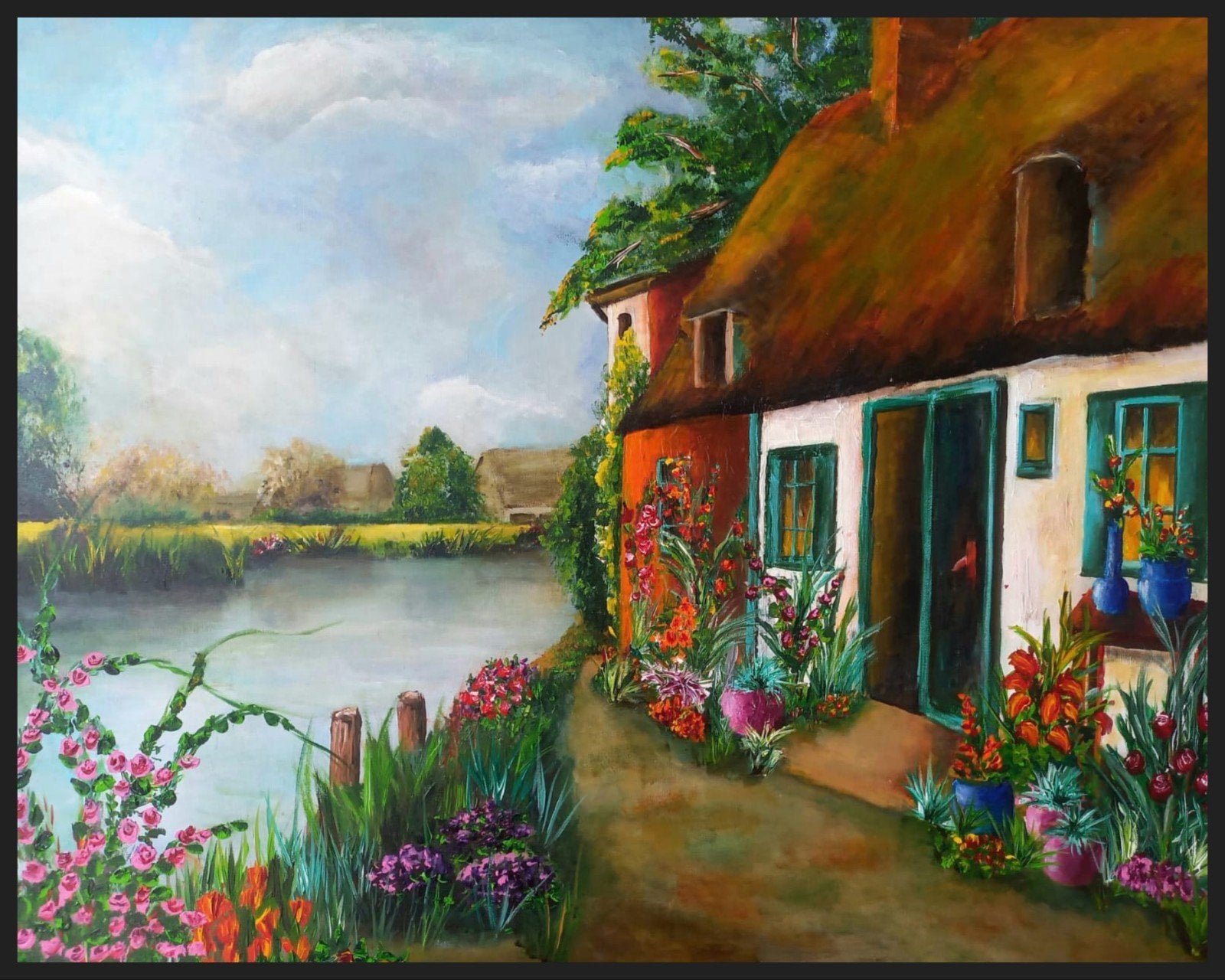 Schilderij met landschap en huisje aan het water, Antiek en Kunst, Ophalen of Verzenden