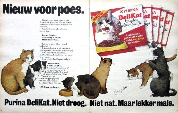 9 vintage advertenties reclames dierenvoer 1975-80 kat hond, Ophalen of Verzenden, Gebruikt, Overige typen