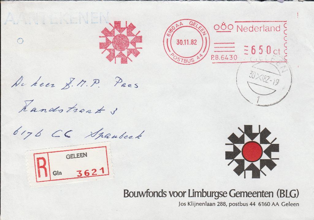 GELEEN 1982 aangetekend Bouwfonds voor Limburgse Gemeenten, Verzenden, Voor 1920, Gelopen, Limburg