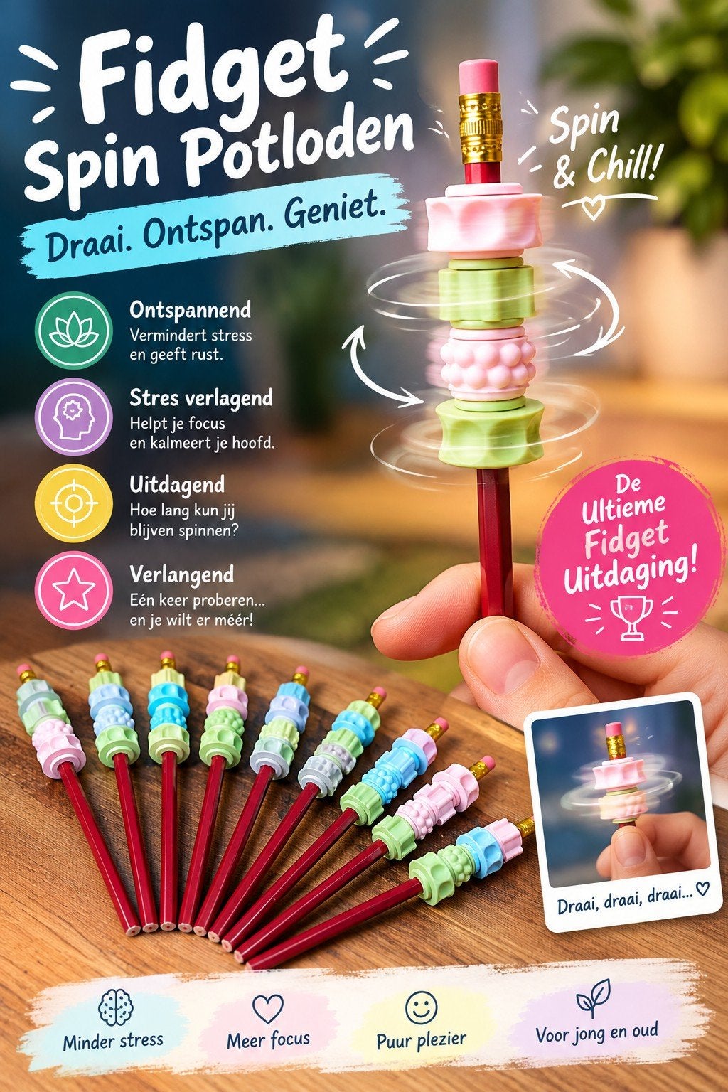Fidget Spin Potloden - Draai, Ontspan, Geniet!, Ophalen, Jongen of Meisje
