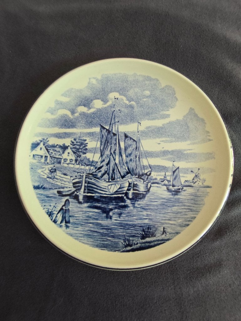 Vintage Delfts Blauw sierbord – Zeilschepen havengezicht, Ophalen of Verzenden