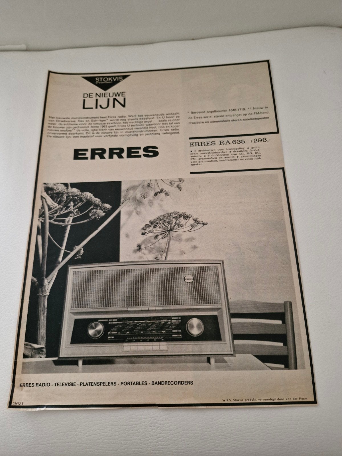 Vintage Erres Radio Advertentie - 32 x 24 cm, Verzamelen, Ophalen of Verzenden, Knipsel(s)