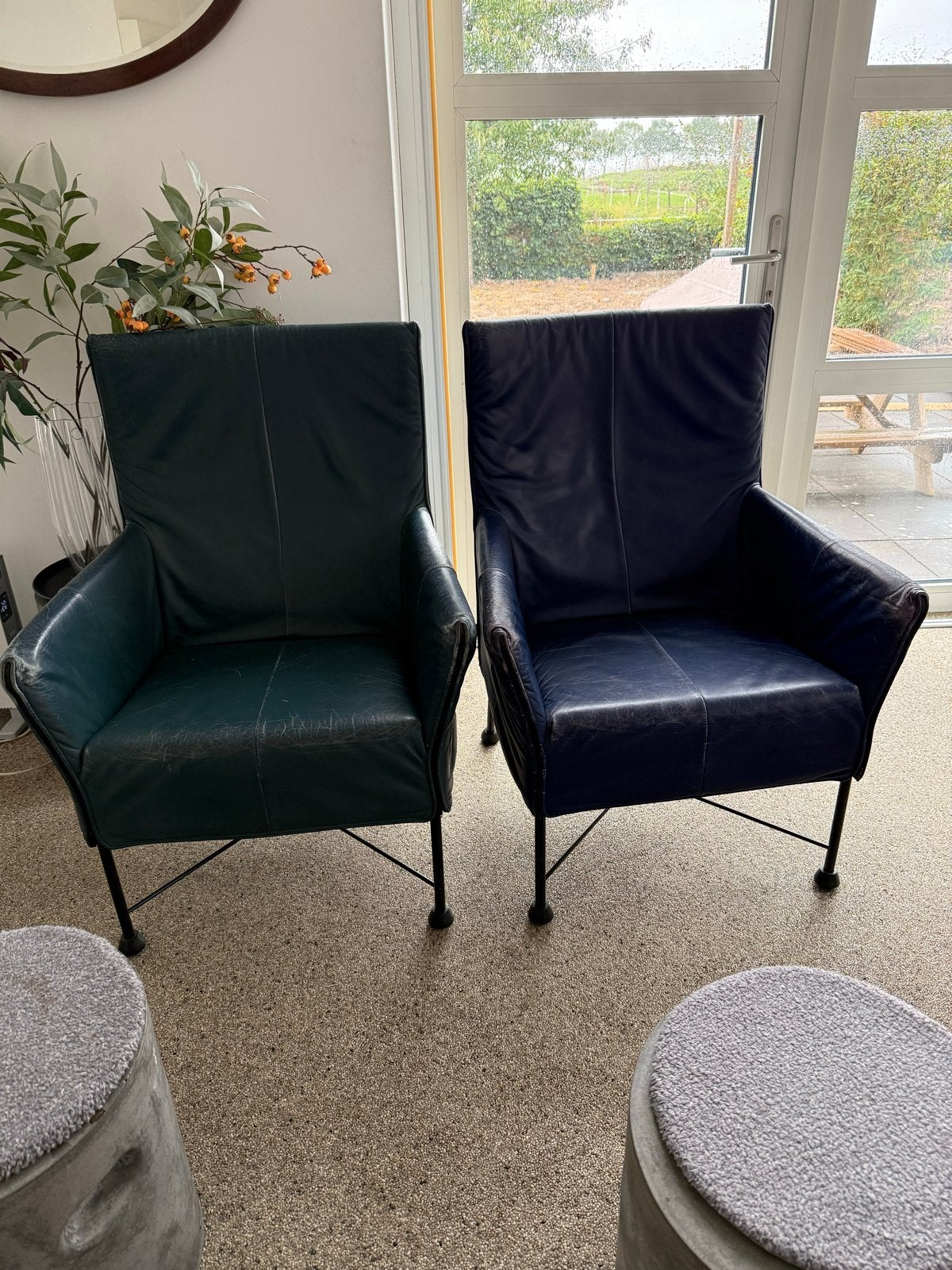 Montis fauteuils Charly op doppen - Blauw en Groen leer, Ophalen, Gebruikt, Twee, Overige kleuren