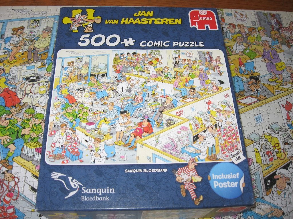 jan van haasteren SANQUIN BLOEDBANK 500 stukjes, Ophalen of Verzenden, 500 t/m 1500 stukjes, Gebruikt, Legpuzzel