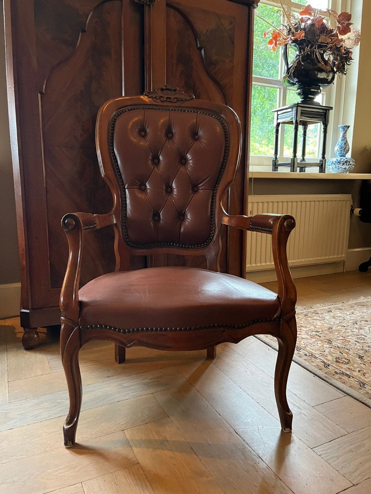 Biedermeier stoel mahoniehout met leren bekleding, Antiek en Kunst, Antiek | Meubels | Stoelen en Banken, Ophalen