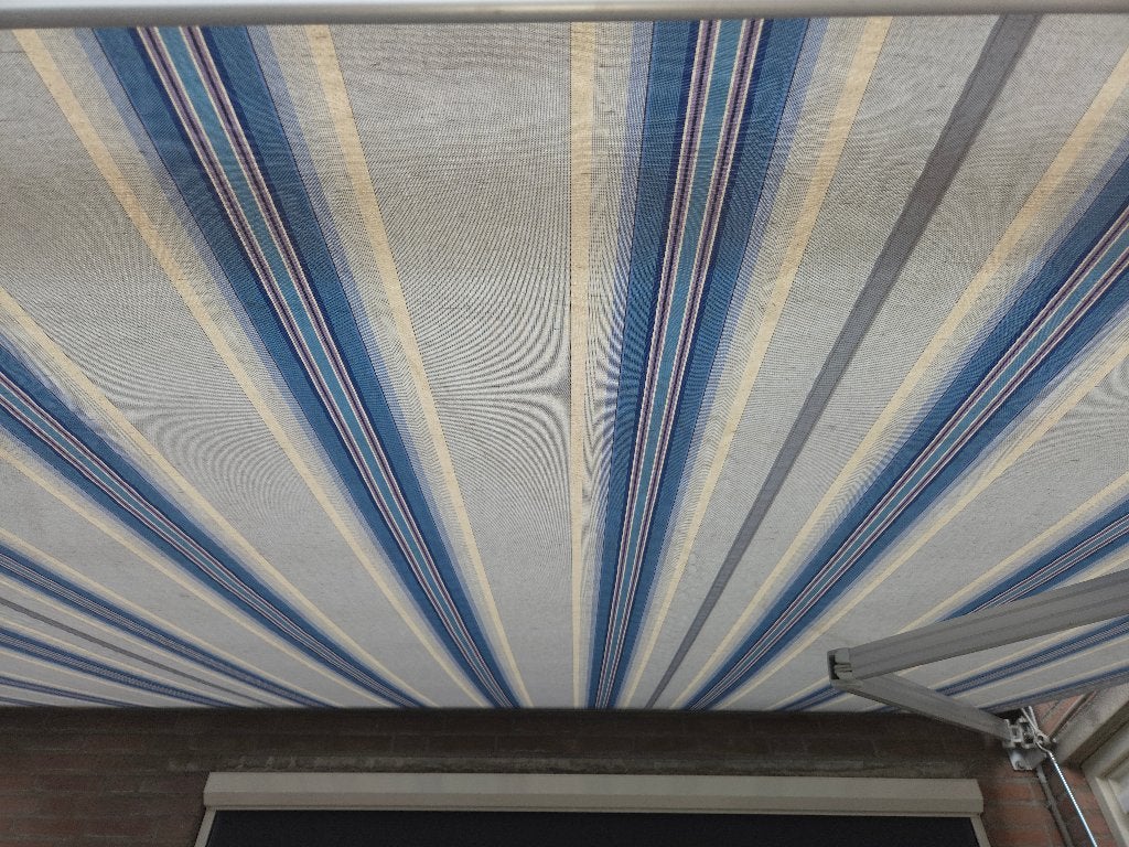 Knikarm zonnescherm blauw/wit gestreept 3.50 x 3.00 uitval, Tuin en Terras, Ophalen, Gebruikt, 150 tot 300 cm, 250 cm tot 450 cm