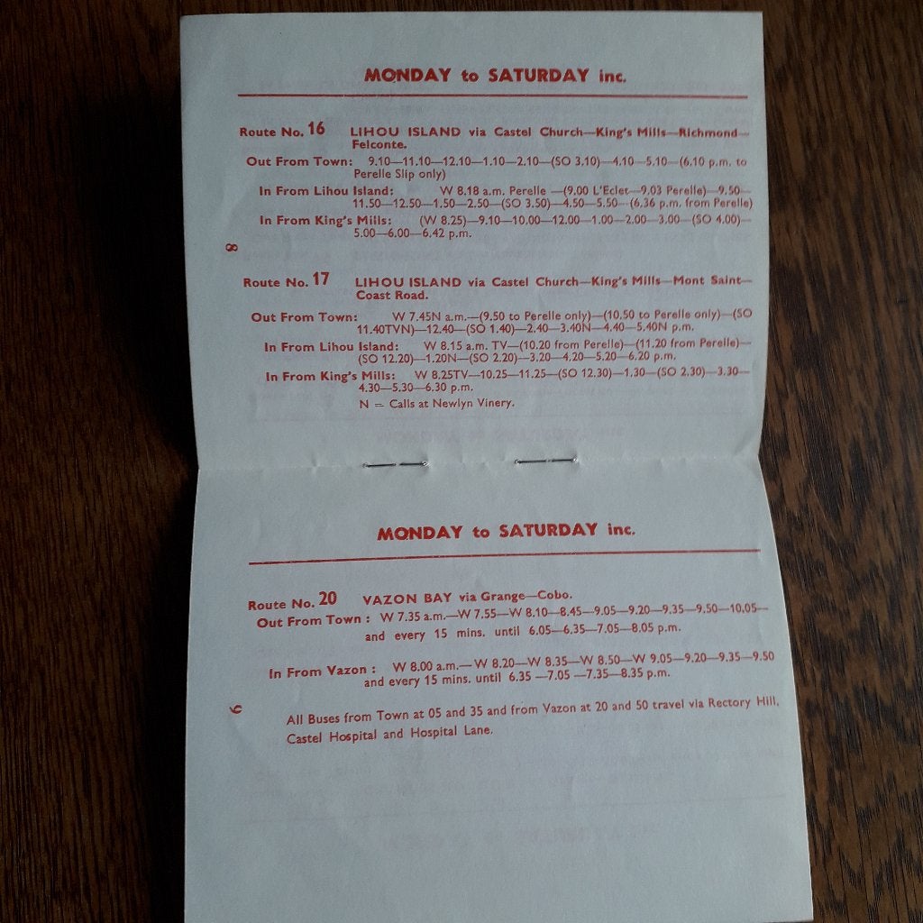 Dienstregeling Omnibus Guernsey 1975 / bussen / Kanaaleiland, Verzamelen, Spoorwegen en Tramwegen, Ophalen of Verzenden, Gebruikt