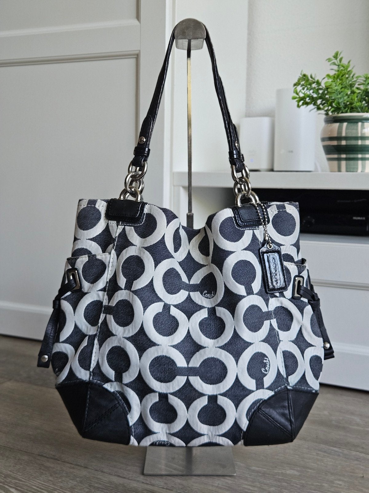 Coach Peyton Shopper Handtas Zwart/Wit Monogram Patroon ZGAN, Ophalen of Verzenden, Zo goed als nieuw, Zwart, Handtas