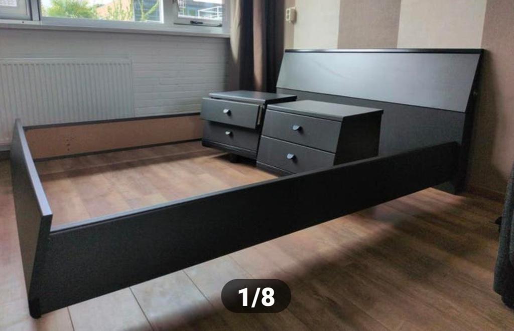 bed ombouw 160x200 met nachtkastjes, Ophalen, Gebruikt, Zwart, Tweepersoons