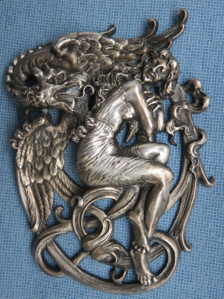 Art nouveau - draak en schoonheid in zilver - ca. 1900, Ophalen of Verzenden, Zilver