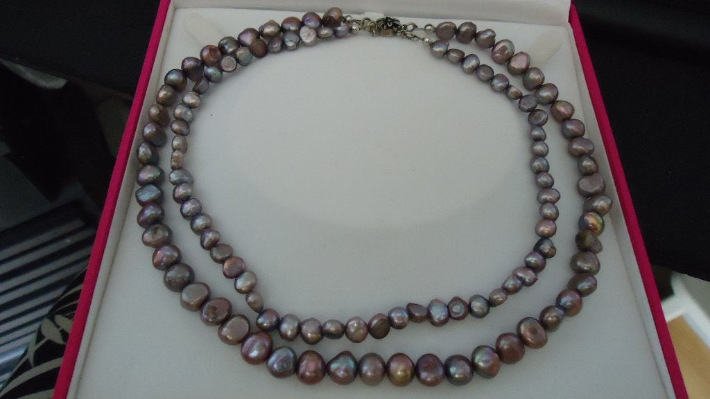 zilver dubbel snoer ketting paars paarlemoer parels, Ophalen of Verzenden, Zo goed als nieuw, Paars, Overige materialen