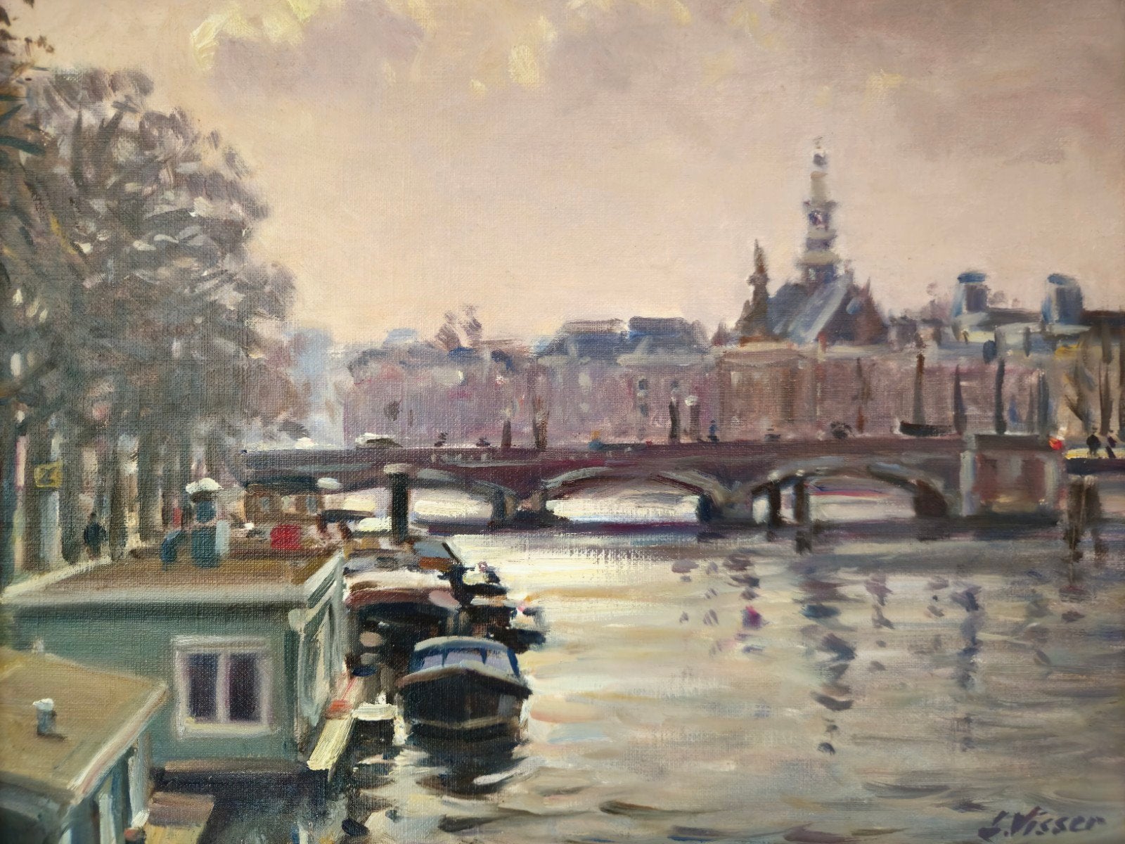 Louis Visser - De Amstel met oud-gemeentehuis Nieuwer-Amstel, Paneel, Realistisch, Ophalen of Verzenden, Gedateerd