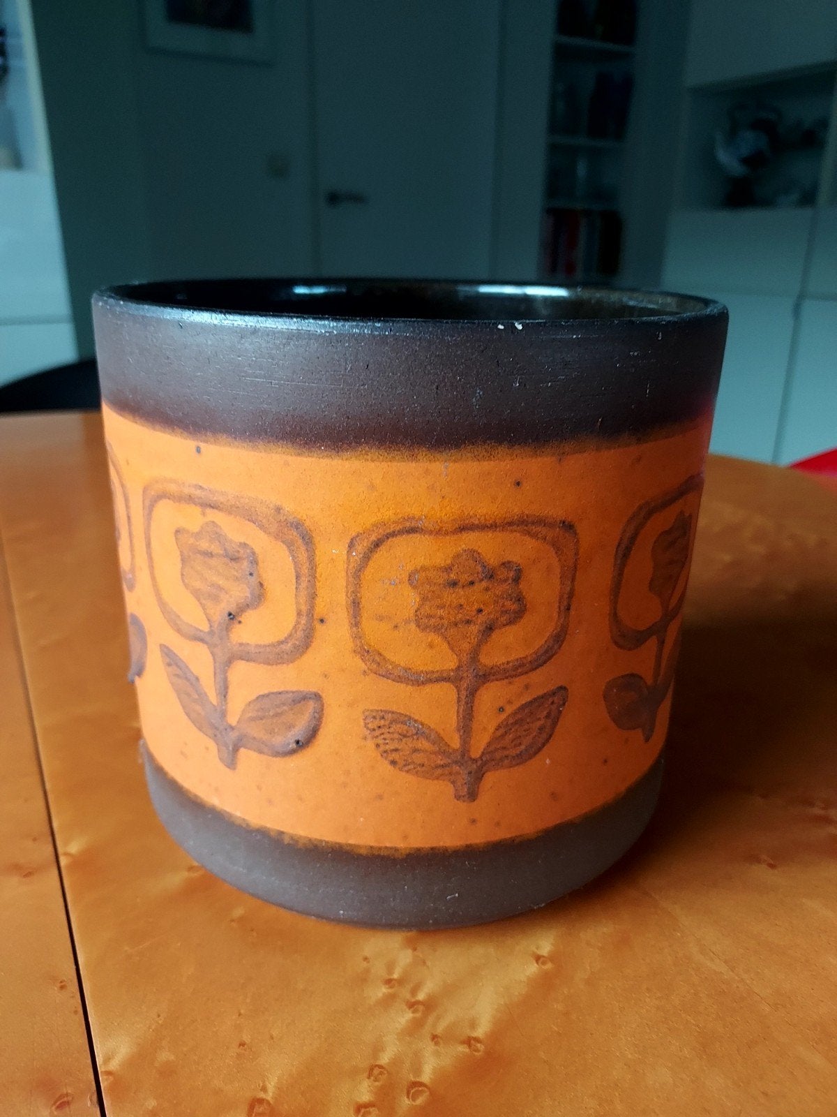 Vintage bloempot oranje/bruin met bloemmotief, Vintage, Gebruikt, Ophalen of Verzenden, Oranje
