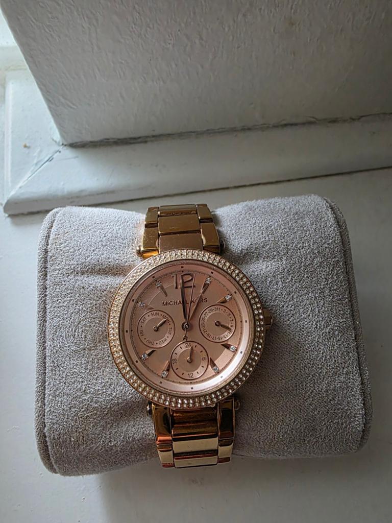 Michael Kors horloge (Rosé goud met strass steentjes), Overige merken, Staal, Gebruikt, Polshorloge