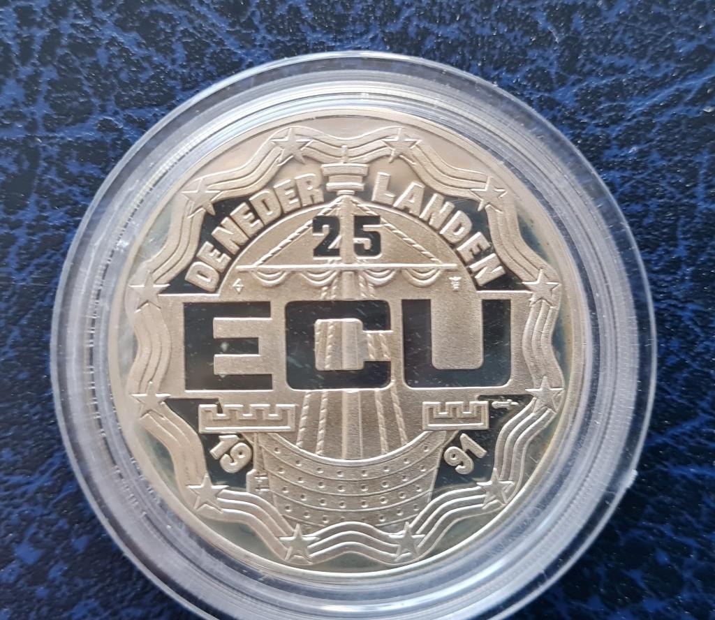 Zilveren 25 ecu 1991,  Erasmus van Rotterdam, Ophalen of Verzenden, Zilver, Nederland