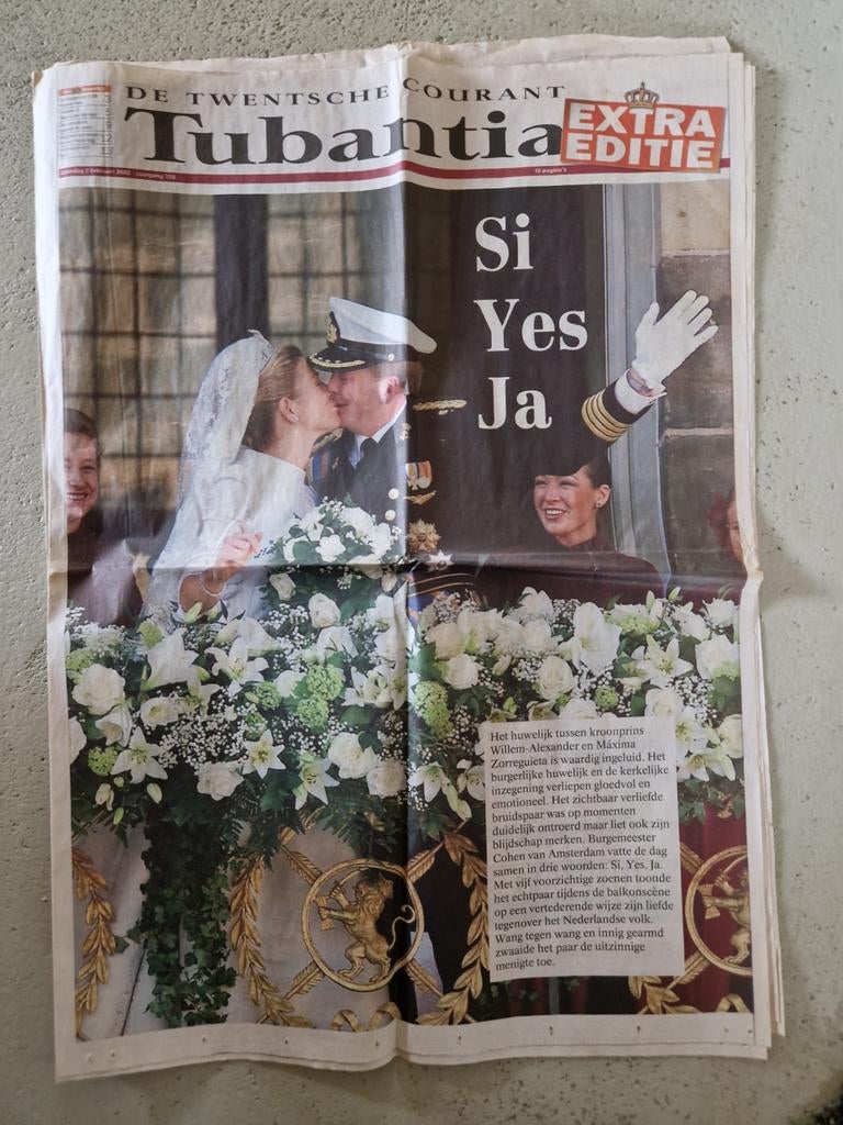 Krant van 2-2- 2002 huwelijk Willem en Maxima, Ophalen of Verzenden, Zo goed als nieuw, Krant