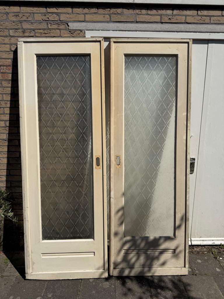 Vintage jaren ‘30 en-suite schuifdeuren met glas, Ophalen, Gebruikt, 80 tot 100 cm, Binnendeur