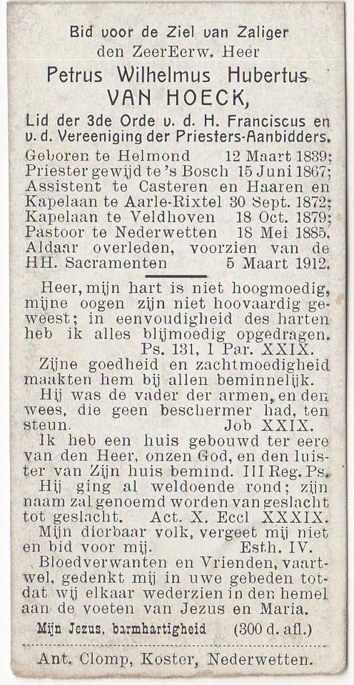 pastoor Petrus W.H. van Hoeck 1839 Helmond 1912 Nederwetten, Verzenden