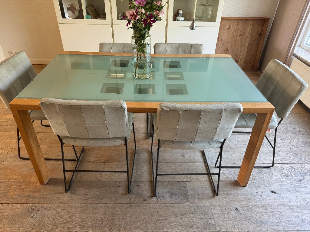 Eettafelset: Eettafel Ligne Roset & 6 bijpassende stoelen, Huis en Inrichting, Ophalen, Gebruikt, 50 tot 100 cm, Glas