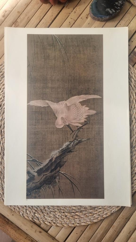 Oude Chinese Prent: Reiger op Tak - Klassieke Kunst, Ophalen of Verzenden