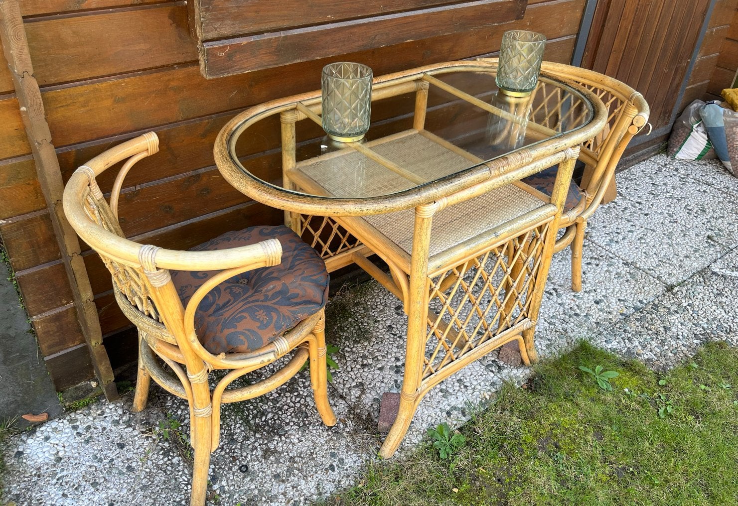 Bamboe tuinsetje met ovale glasplaat en 2 stoelen, Tuin en Terras, Overige materialen, Gebruikt, Eettafel, Tuinset