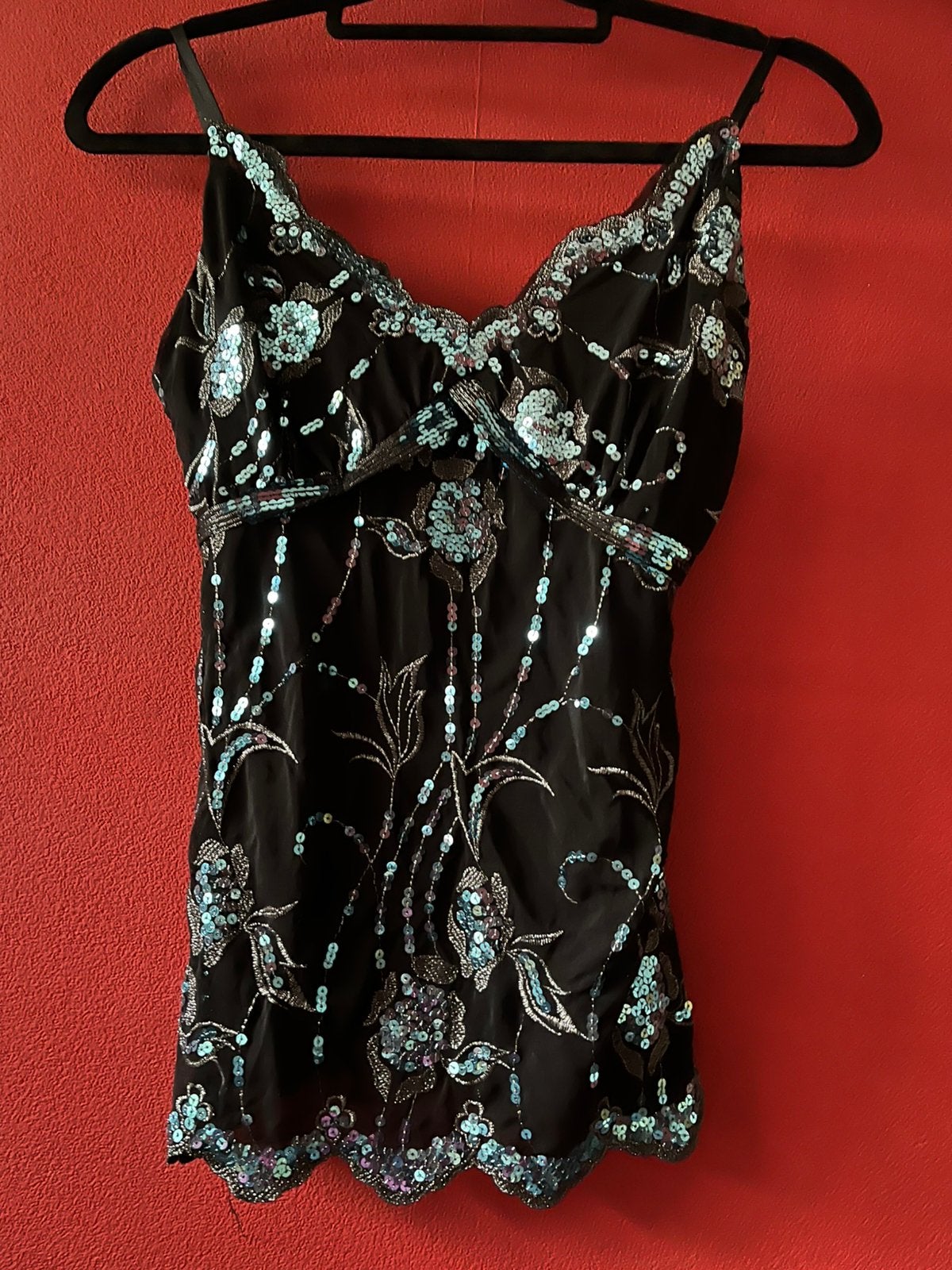 Zwarte top met turquoise pailletjes maat M., Maat 38/40 (M), Zwart, Ophalen of Verzenden, Zo goed als nieuw