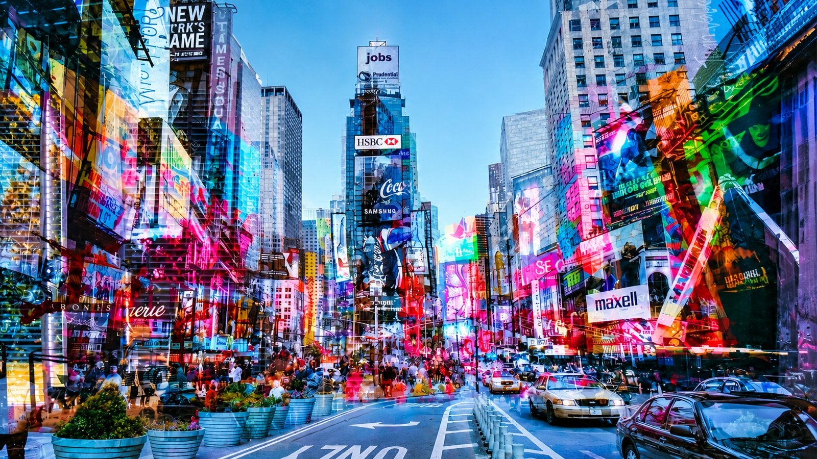Prachtig Glasschilderij Time Square New York 160 x 110 cm, Ophalen, Glas, Achter glas, Stadsgezicht