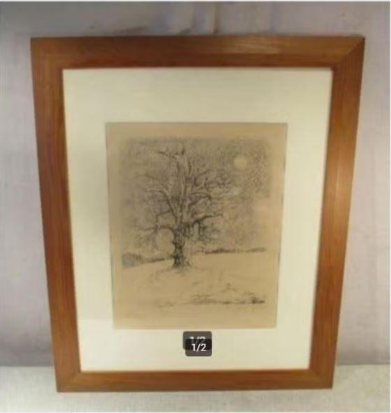 Mooie Ets 'Eenzame Boom' - gesigneerd, Ophalen of Verzenden, Landschap, Ets, Ingelijst