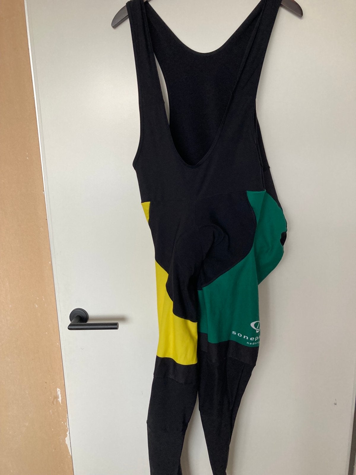 Zwarte, gele en groene wielerbroek met bretels, Gebruikt, Heren, XL, Onderkleding