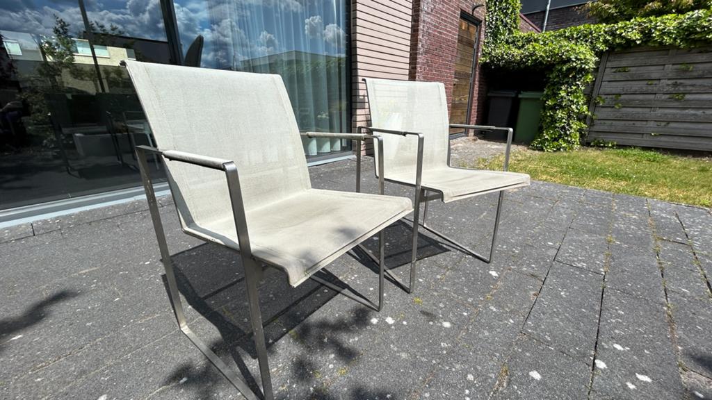 Set van 2 design tuinstoelen - RVS en Textileen, Tuin en Terras, Ophalen, Gebruikt, Rvs
