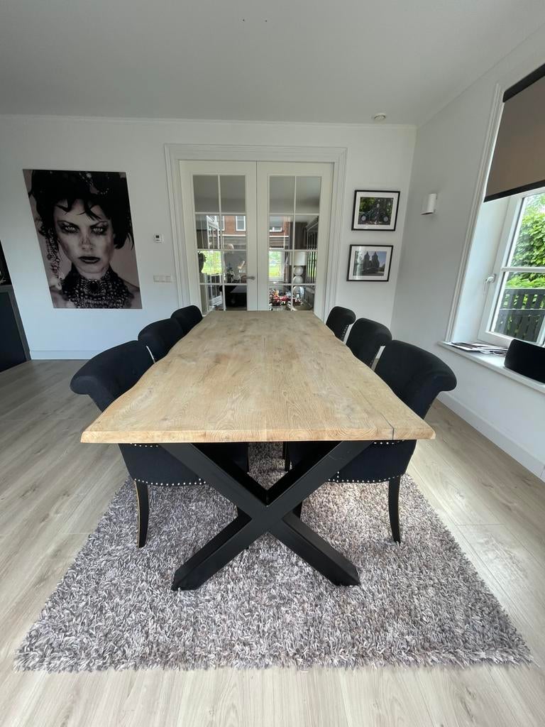 Eiken eetkamer tafel met 6 Eicholtz stoelen, Ophalen, Gebruikt, Modern klassiek, 4 tot 6 stoelen