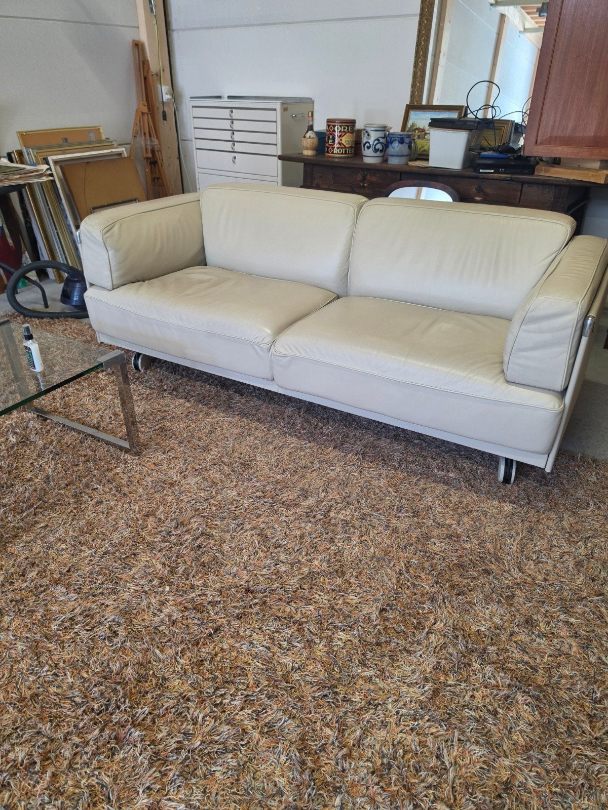Poltrona Frau Bank met 2 Fauteuils - Crèmekleurig Leer, Ophalen, Gebruikt, Geen idee, Poltrona Frau