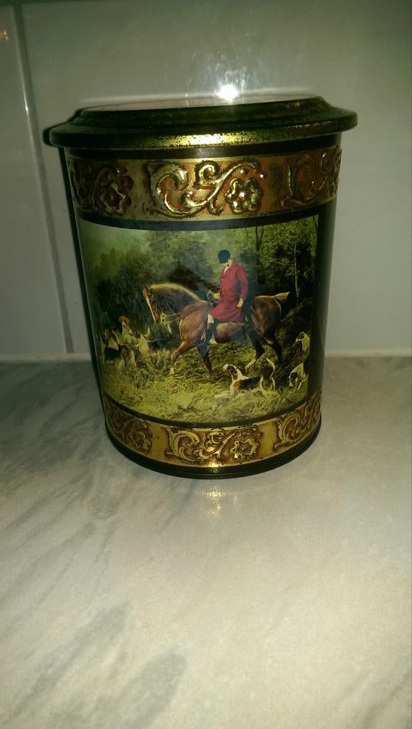 Blik, jacht, paard en honden, 16 cm hoog, 13 cm doorsnee, Verzamelen, Blikken, Ophalen of Verzenden, Zo goed als nieuw, Overige