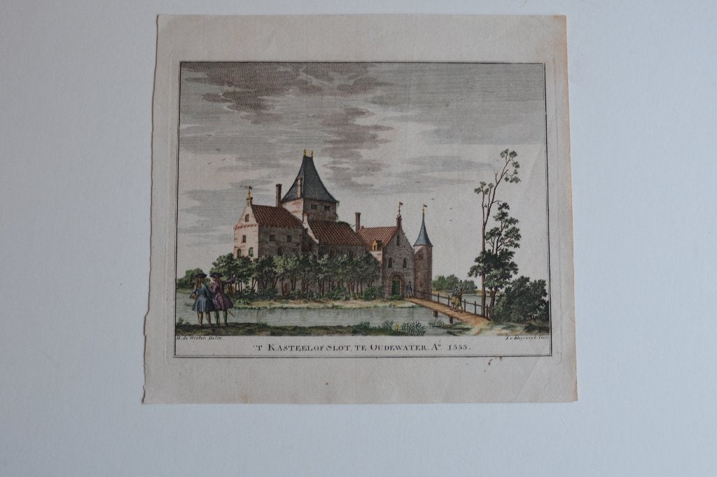 OUDEWATER KASTEEL SLOT BOITET KINSCHOT KOPERGRAVURE GT6, Antiek en Kunst, Verzenden, Stadsgezicht, Gravure, 16 cm