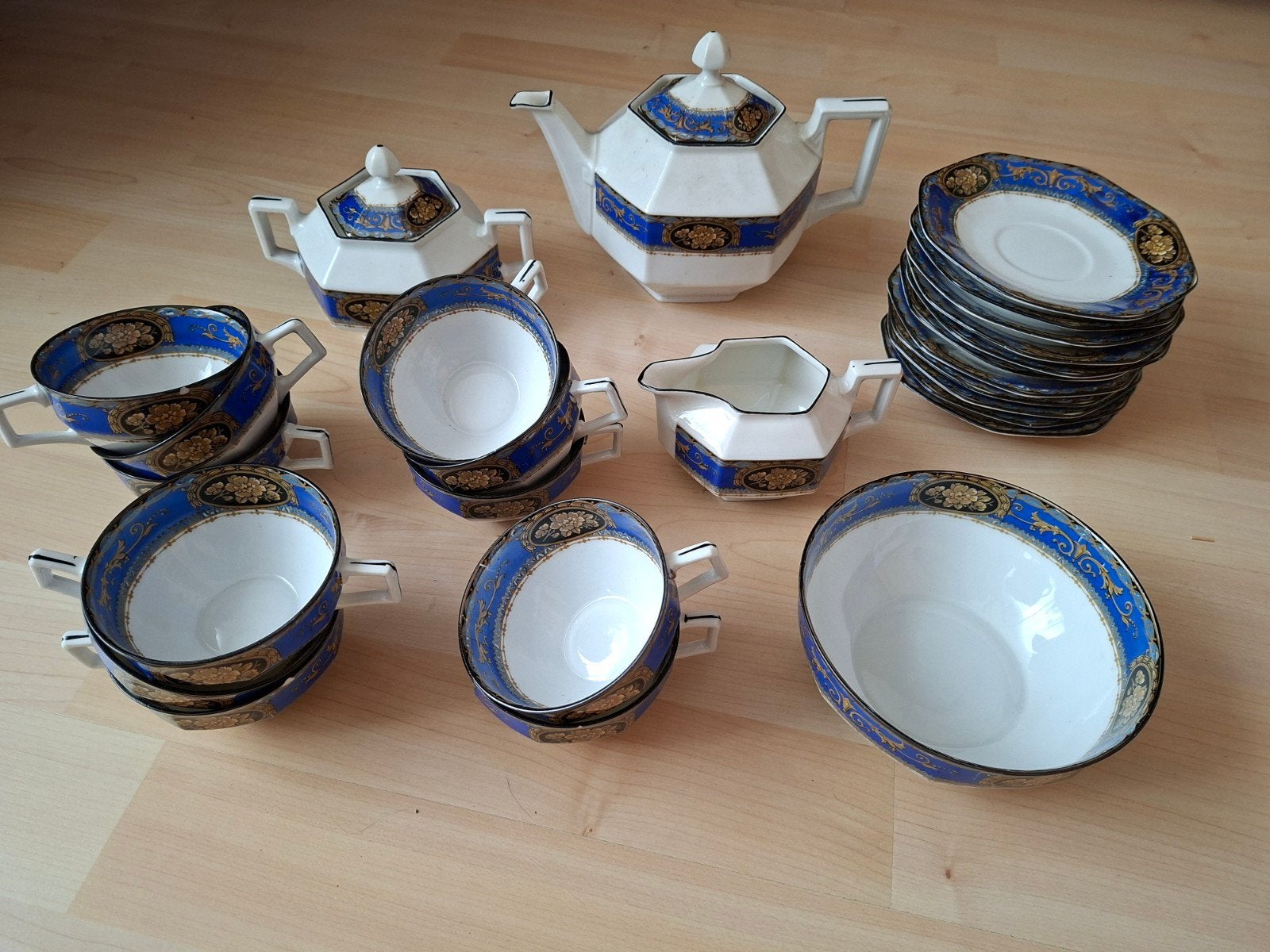 Vintage Union Porselein Theeservies - Blauw & Goud, Antiek en Kunst, Ophalen