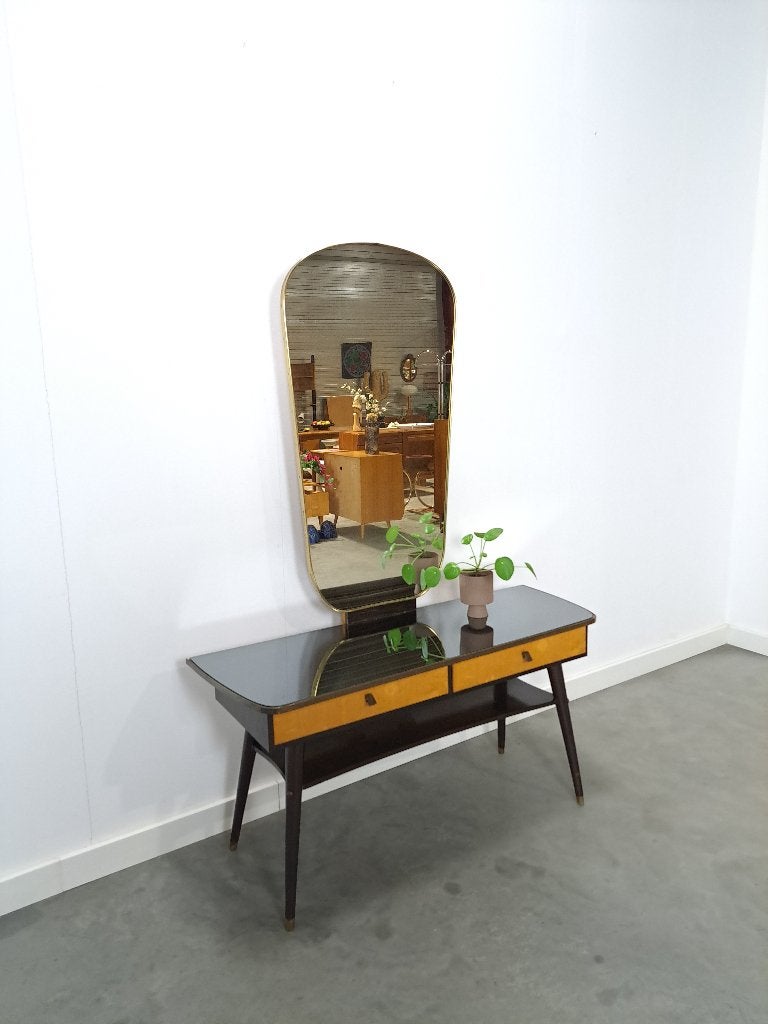Sidetable met lades en grote spiegel gouden rand, kaptafel, Gebruikt, 100 tot 150 cm, Vintage, Glas