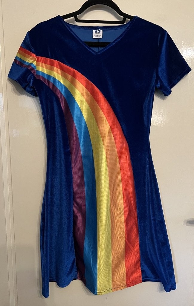 K3 Regenboog Jurk - Blauw Velours, Maat 38/40 (M), Carnaval, Ophalen of Verzenden, Zo goed als nieuw