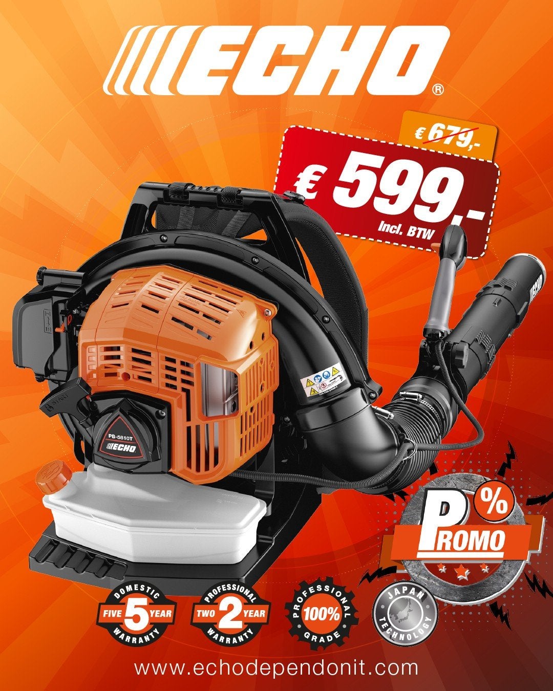 !!! Actie !!! ECHO PB-5810T Bladblazer, Benzine, Ophalen of Verzenden, ECHO, Ruggedragen