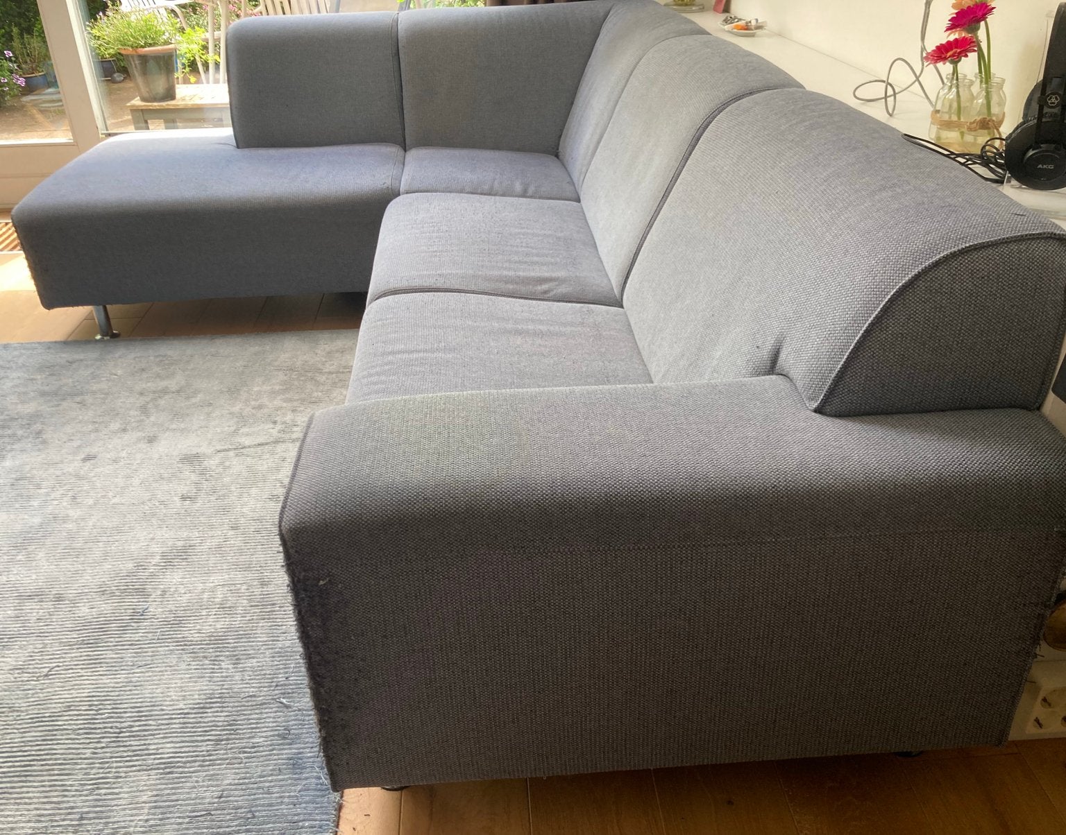 Blauw/ grijze Hoekbank Montel, Ophalen, 250 tot 300 cm, Gebruikt, Vierpersoons of meer