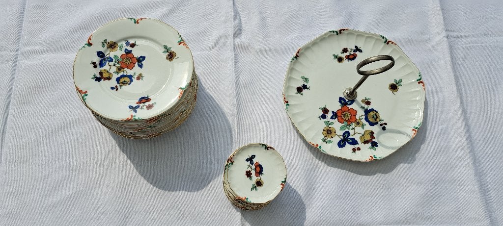 Vintage Hoju porselein gebaksset , decor 4891 ‘Floralies’, Ophalen of Verzenden