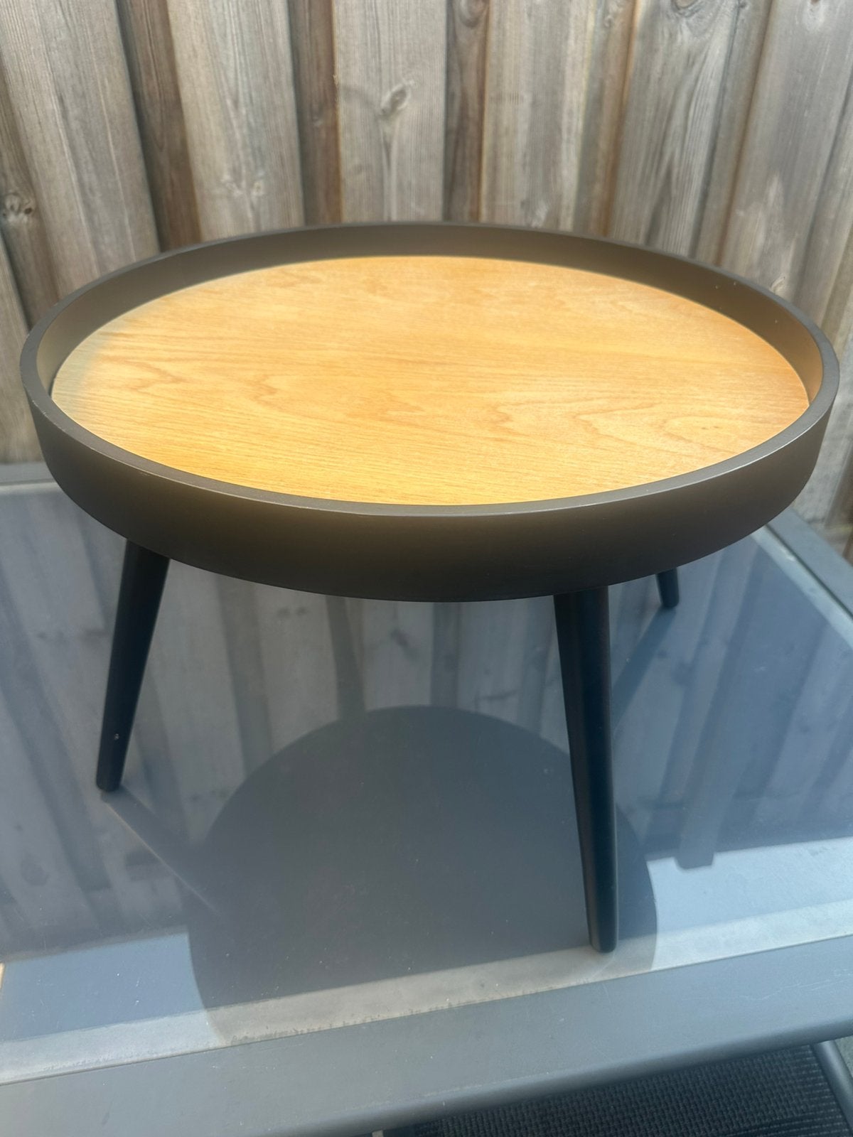Zwart/ hout rond Bijzettafeltje  53 doornee 37 hoog, Huis en Inrichting, Tafels | Bijzettafels, Minder dan 55 cm, Rond, Zo goed als nieuw