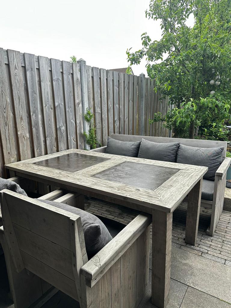 Steigerhouten tuinset met bank en stoelen en kussens, Gebruikt, 6 zitplaatsen, Steigerhout, Ophalen of Verzenden