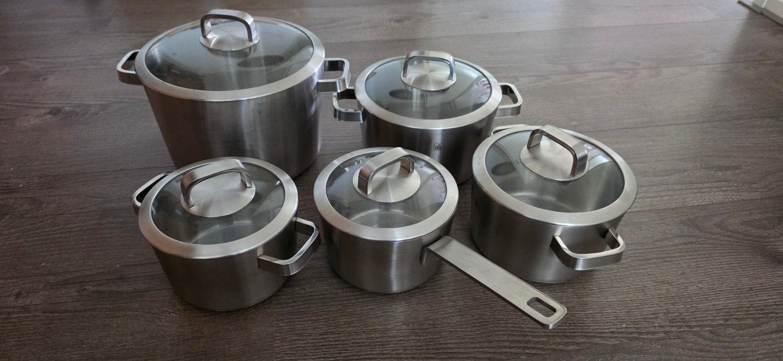 5-delig BK pannenset RVS met glazen deksels, Ophalen, Gebruikt, Pannenset, Rvs