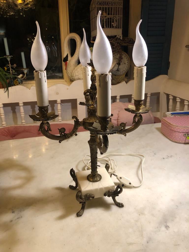 Messing vierarmige kandelaar lamp met marmeren voet, Ophalen of Verzenden, Gebruikt