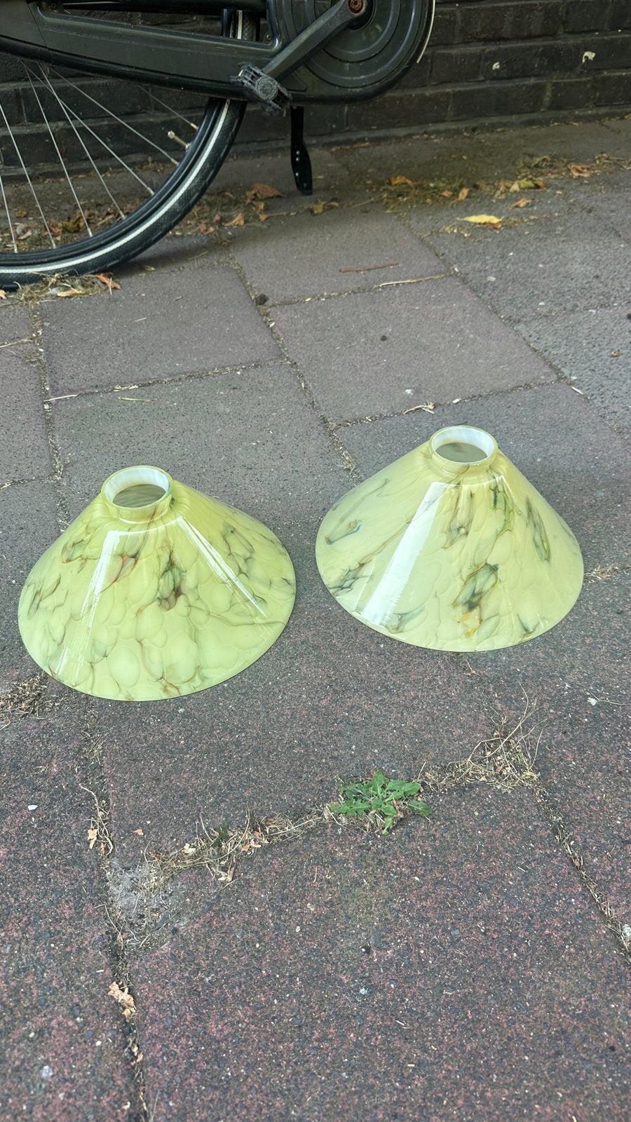 Set van 2 vintage lampenkappen, gemarmerd geel, Ophalen, Gebruikt, Overige typen, Geel