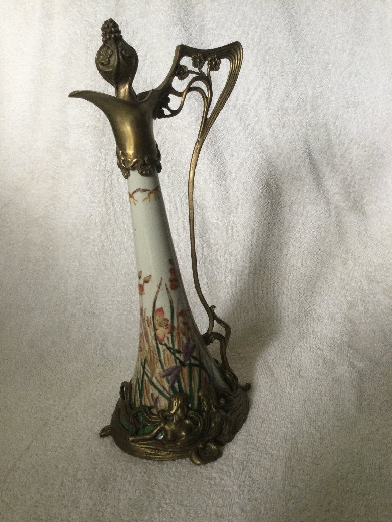 Art Nouveau karafvaas, veelkleurig grasveld met libellen., Ophalen of Verzenden