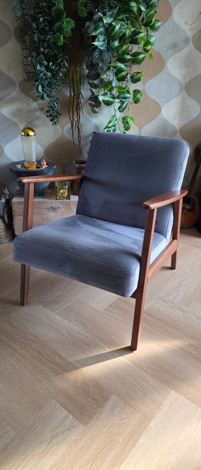 Ikea EKENÄSET Fauteuil - Bruin Hout, Grijze fluwele Stof, Hout, Gebruikt, Minder dan 75 cm, 50 tot 75 cm