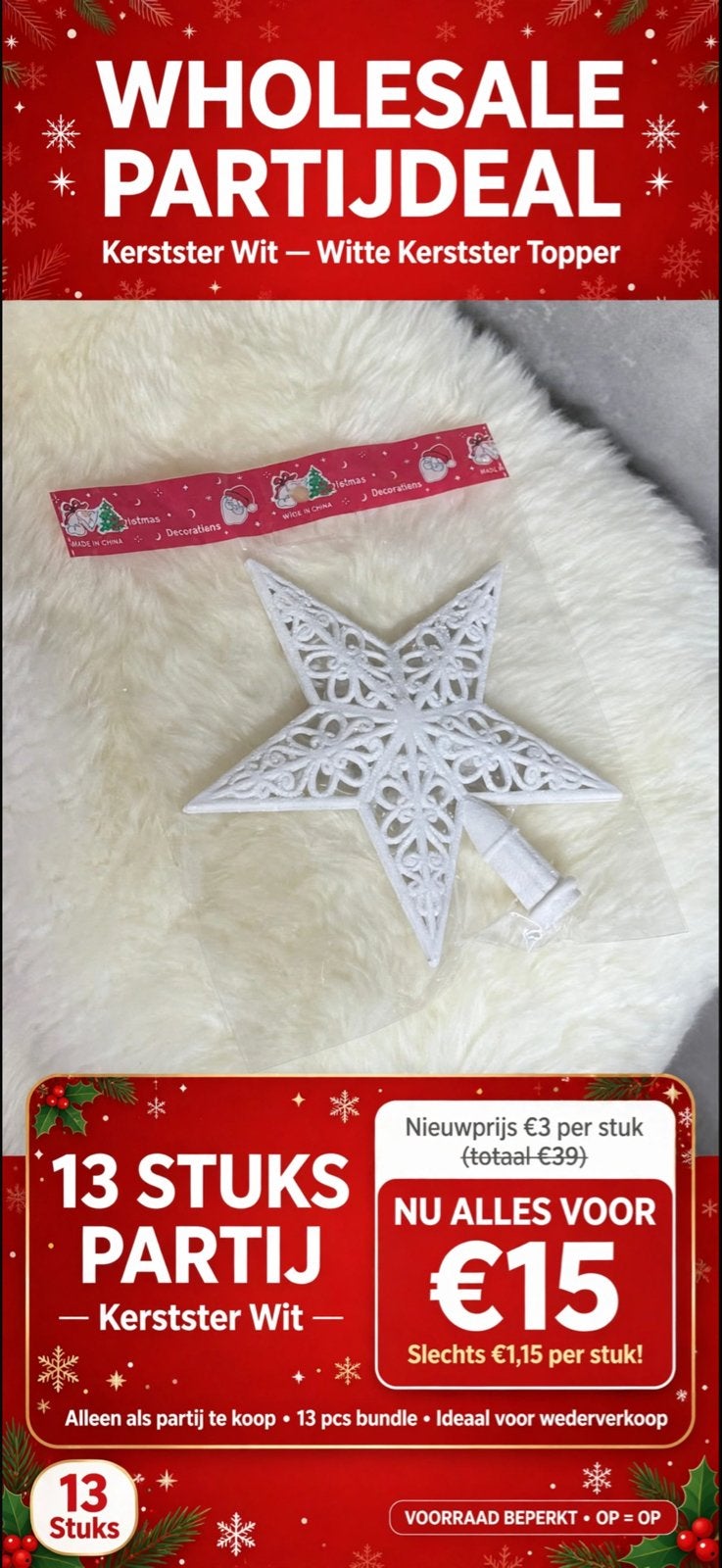 WPARTIJ DEAL 13x Kerstster Wit - Kerstboom Piek - Nieuw, Ophalen of Verzenden, Nieuw