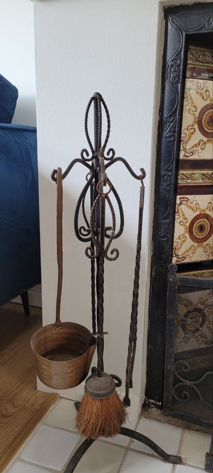 Vintage haardstel met schep, pook en borstel, Huis en Inrichting, Ophalen, Vintage, Gebruikt, Metaal