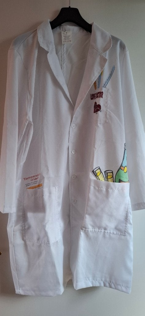 Aangeboden; Carnaval - Dokter Love doktersjas, Carnaval, Maat 46/48 (XL) of groter, Ophalen of Verzenden, Zo goed als nieuw
